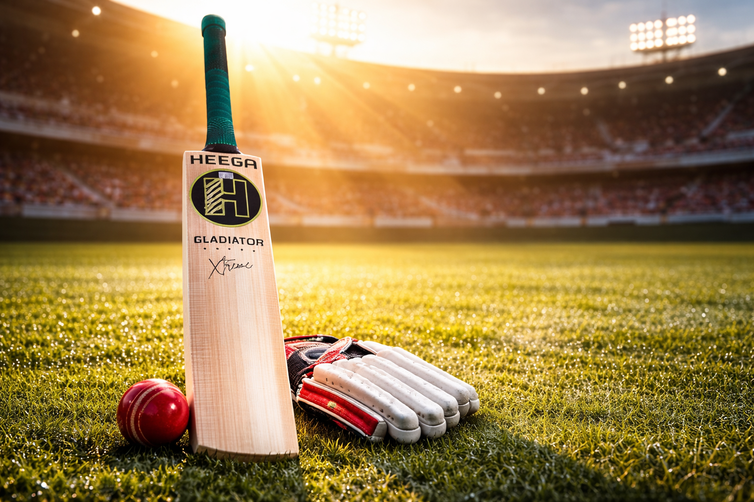 Morning cricket gear on lush pitch